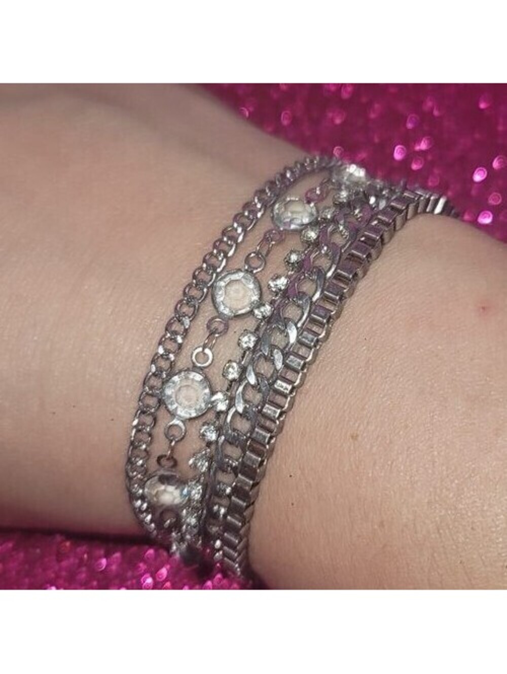 EXPRESS 5 PIECE MULTI CHAIN LAYERED BRACELET MAGNETIC CLOSURE SILVER